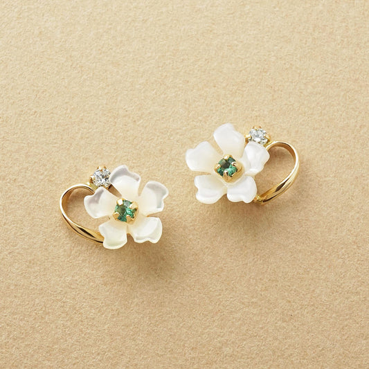 10K Shell Flower Emerald Stud Earrings (Yellow Gold) - Product Image