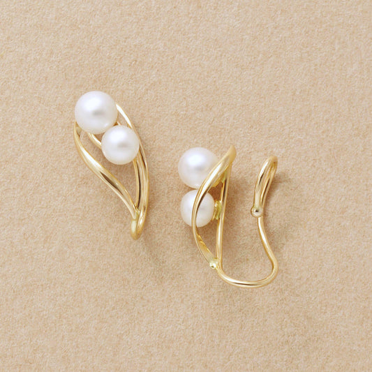 [Airy Clip-On Earrings] 10K Freshwater Pearl Twist Earrings (Yellow Gold) - Product Image