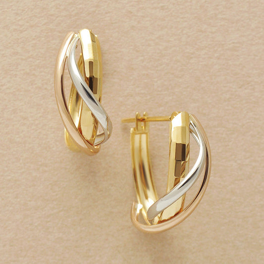 High Quality Tricolor Crossed Hoop Earrings (Platinum / 18K Yellow Gold / 18K Rose Gold) - Product Image