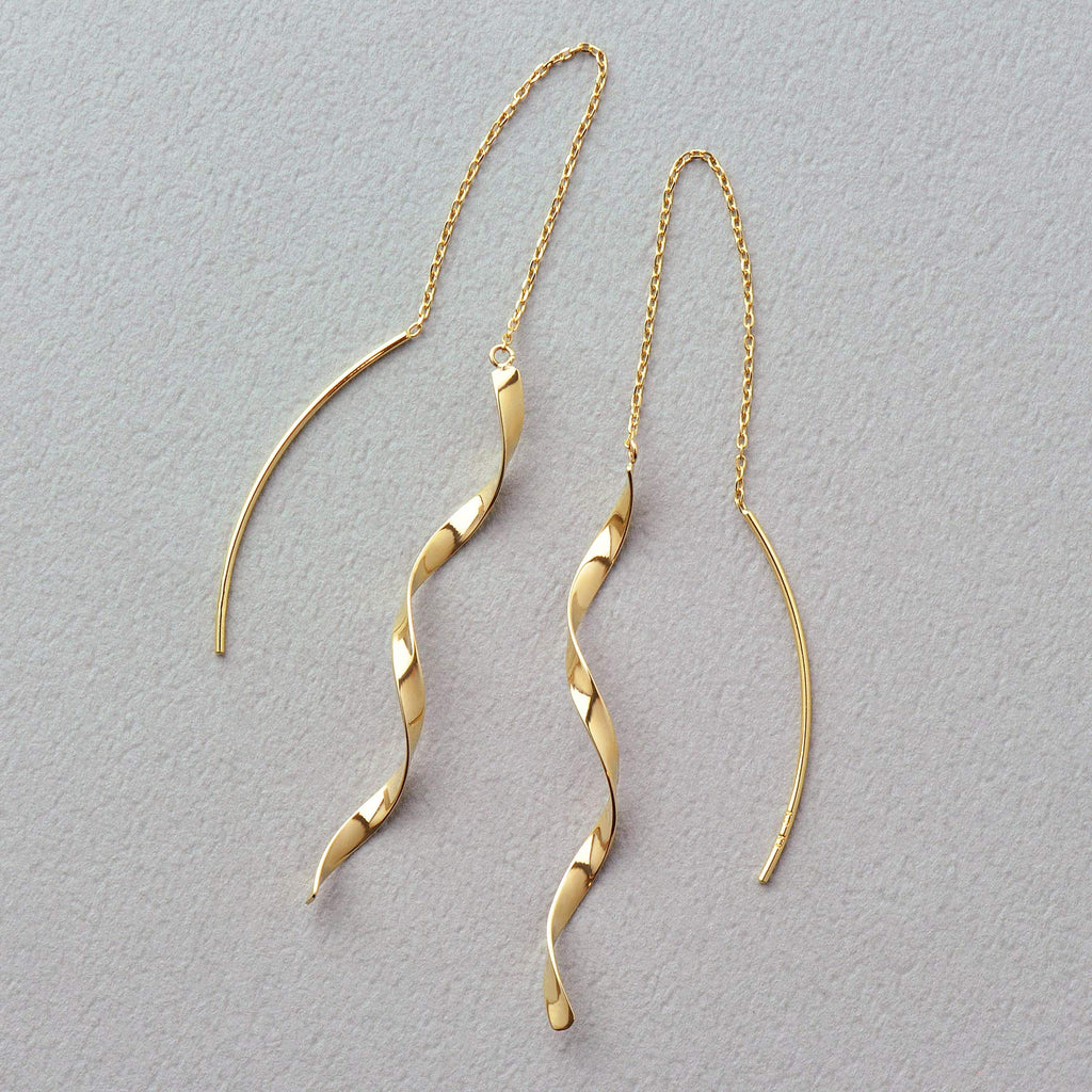18K/10K Twisted Ribbon Long Threader Earrings (Yellow Gold) - Product Image