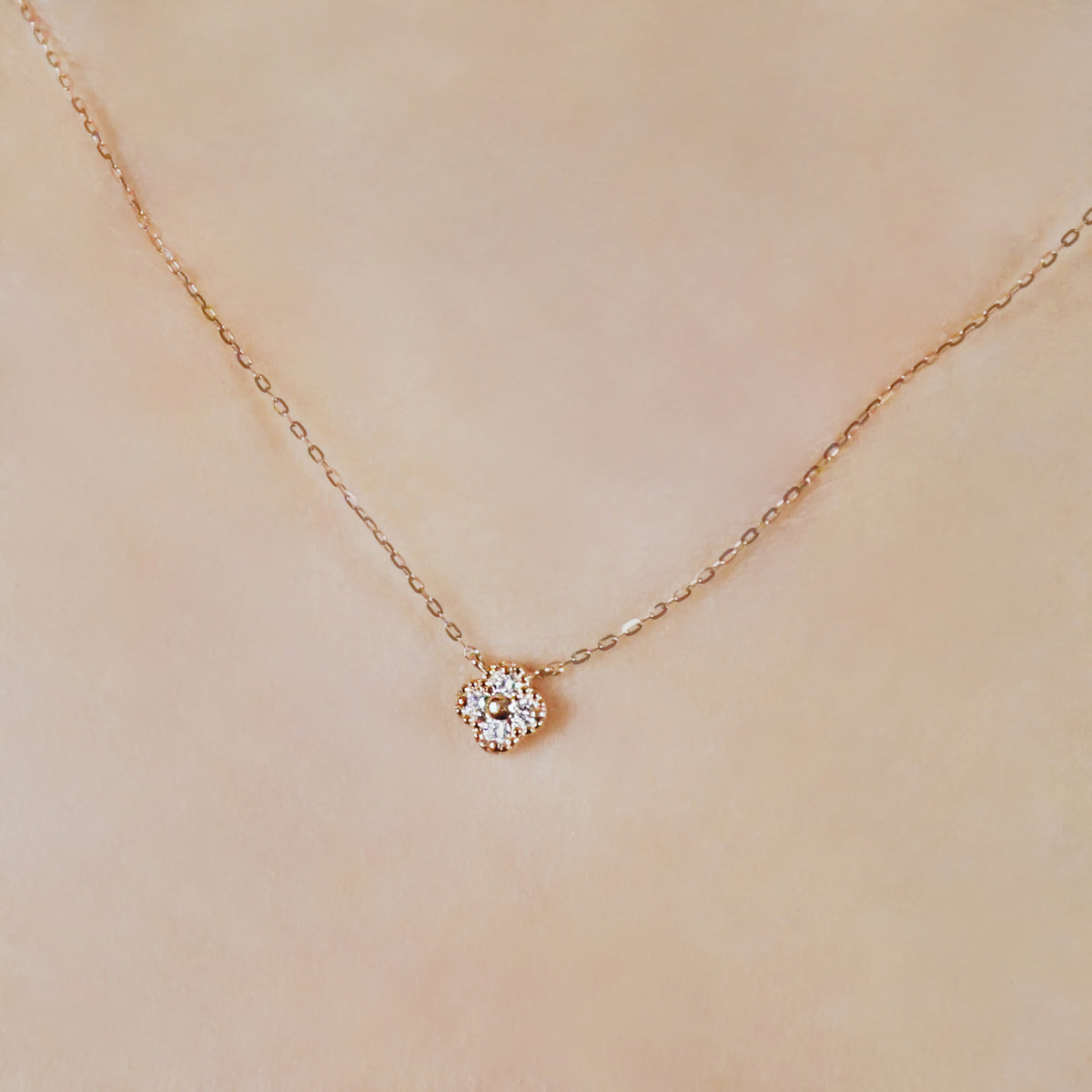 10K Diamond Milgrain Flower Necklace (Rose Gold) - Model Image
