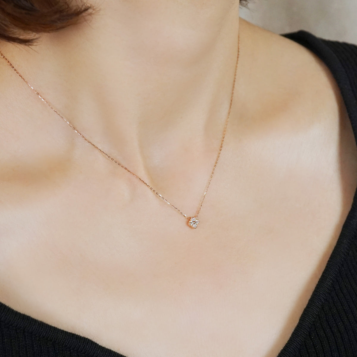 10K Diamond Milgrain Flower Necklace (Rose Gold) - Model Image