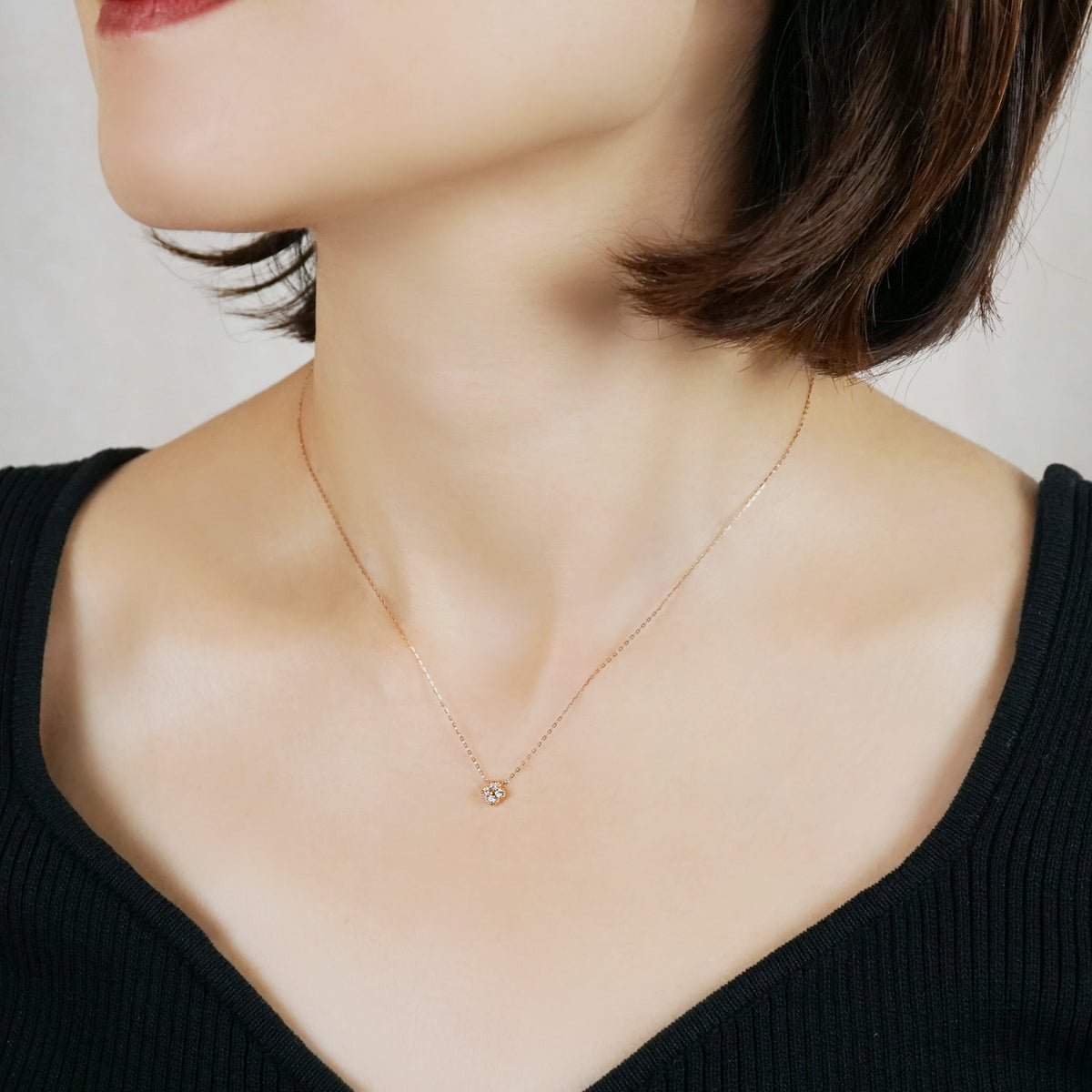 10K Diamond Milgrain Flower Necklace (Rose Gold) - Model Image