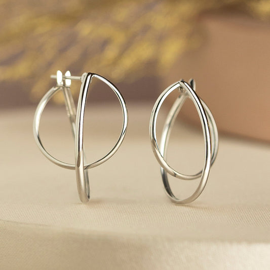 14K/10K Thin Line Double Hoop Earrings (White Gold) - Product Image