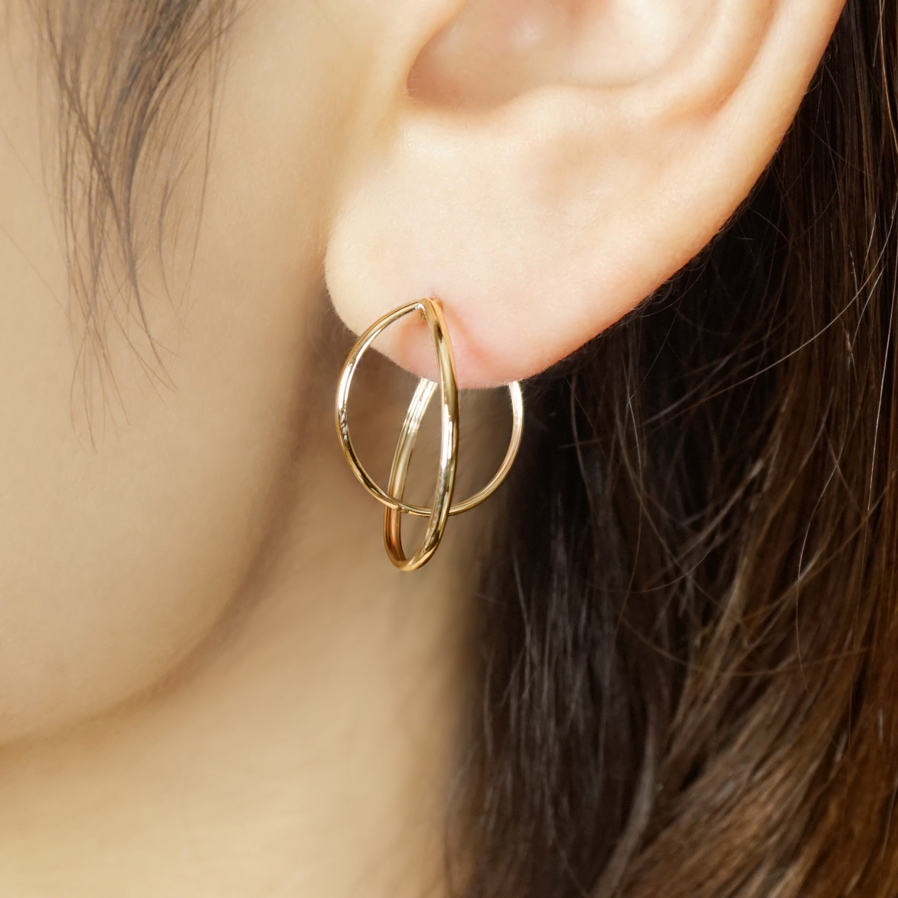 18K/10K Thin Line Double Hoop Earrings (Yellow Gold) - Model Image