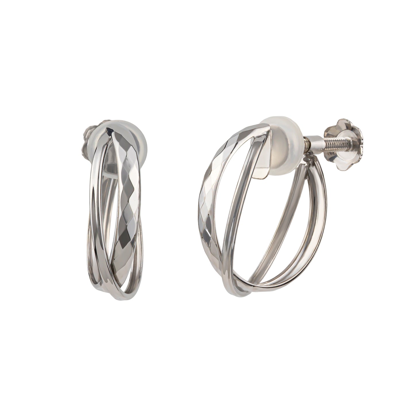 10K Mixed Cut Double Clip-On Hoop Earrings (White Gold) - Product Image