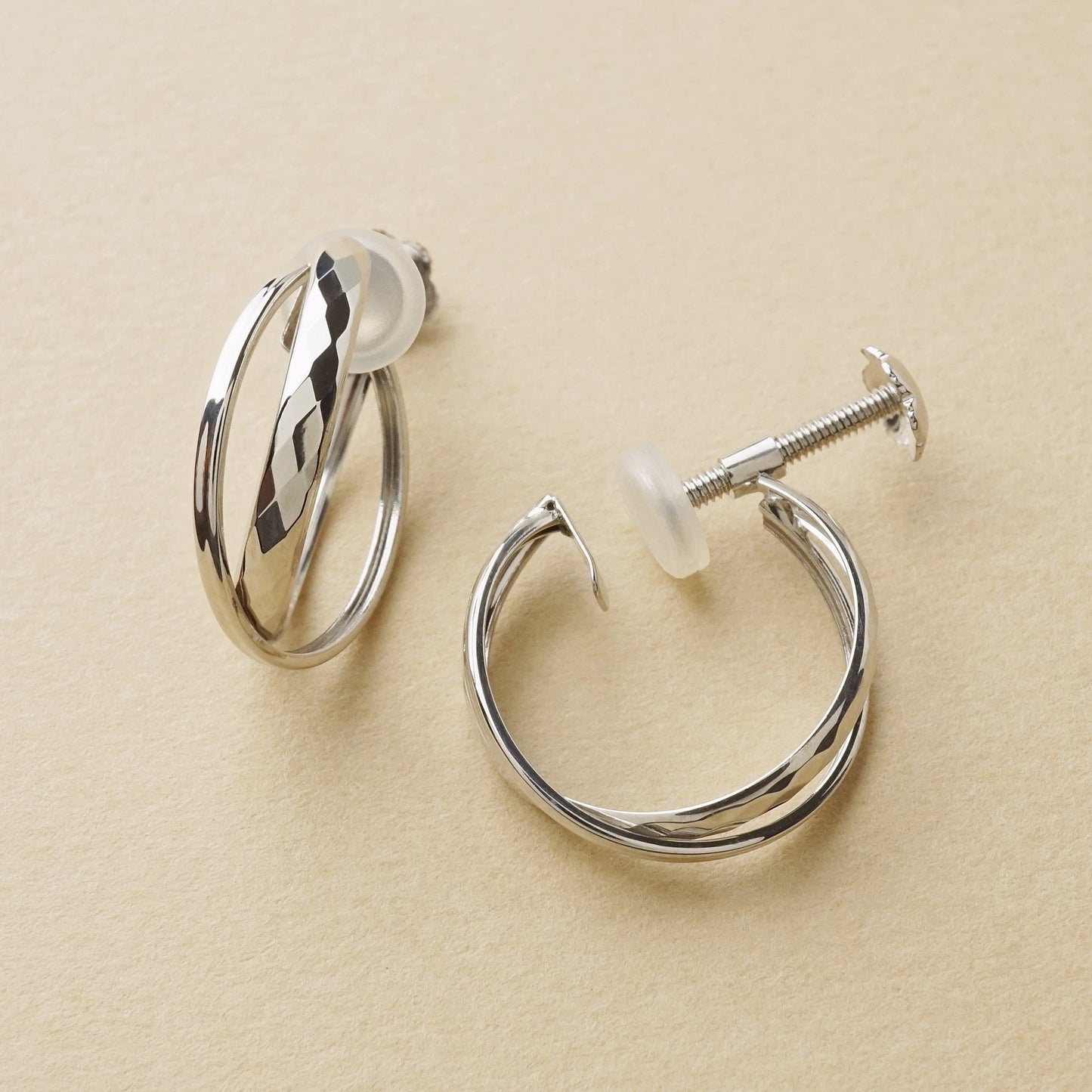 10K Mixed Cut Double Clip-On Hoop Earrings (White Gold) - Product Image