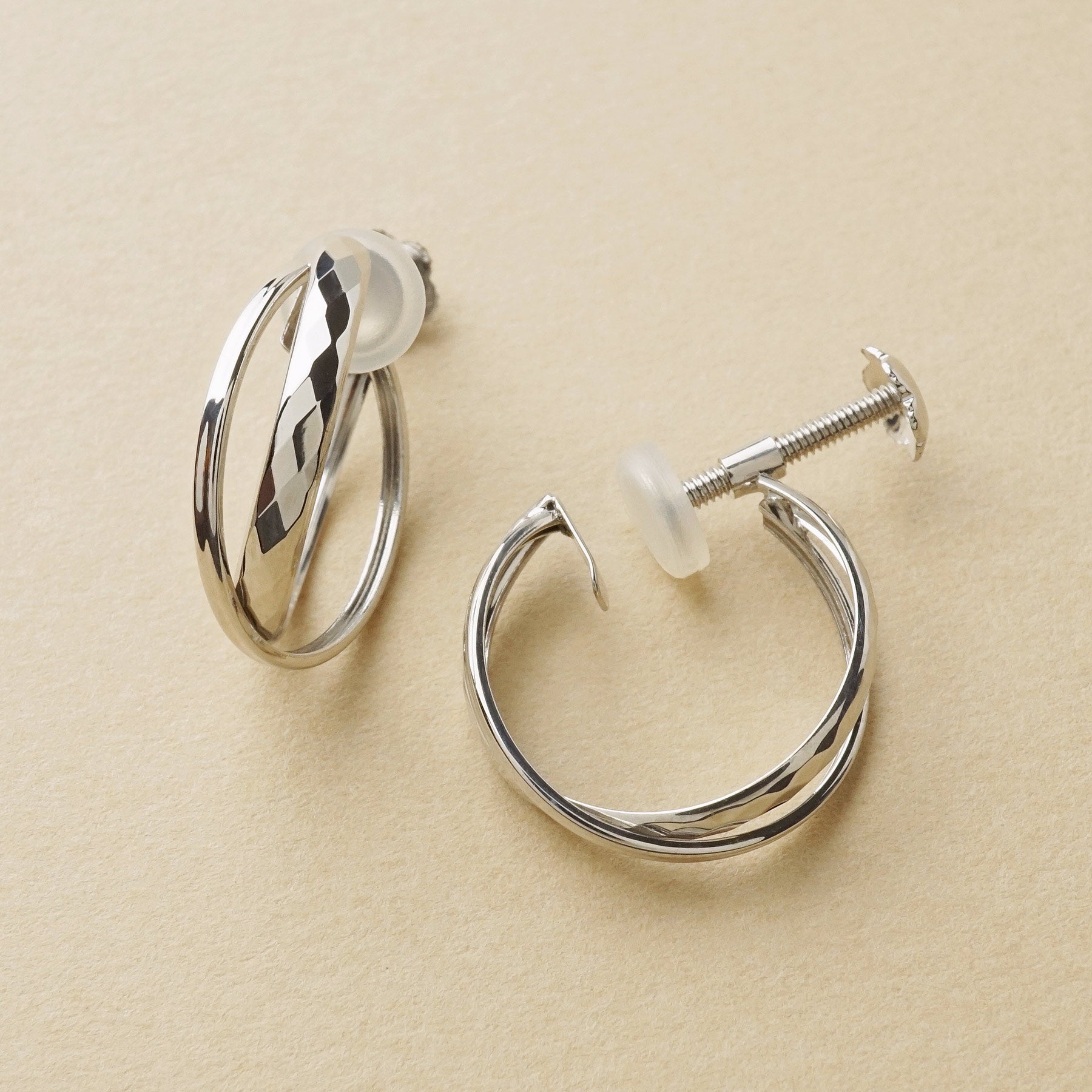 10K Mixed Cut Double Clip-On Hoop Earrings (White Gold) - Product Image
