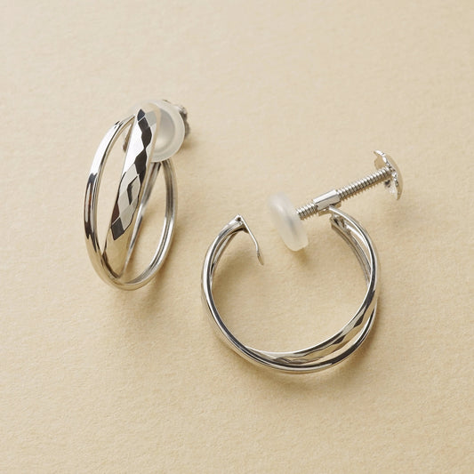 10K Mixed Cut Double Clip-On Hoop Earrings (White Gold) - Product Image