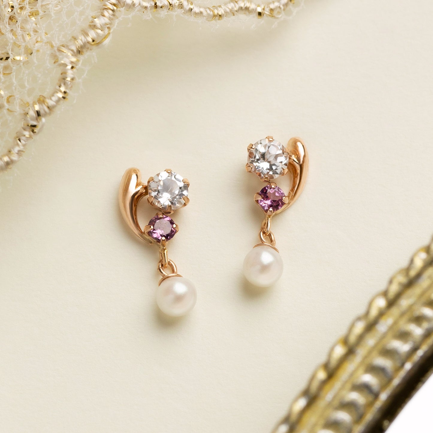 18K/10K Garnet Earrings [Acanthus] (Rose Gold) - Product Image