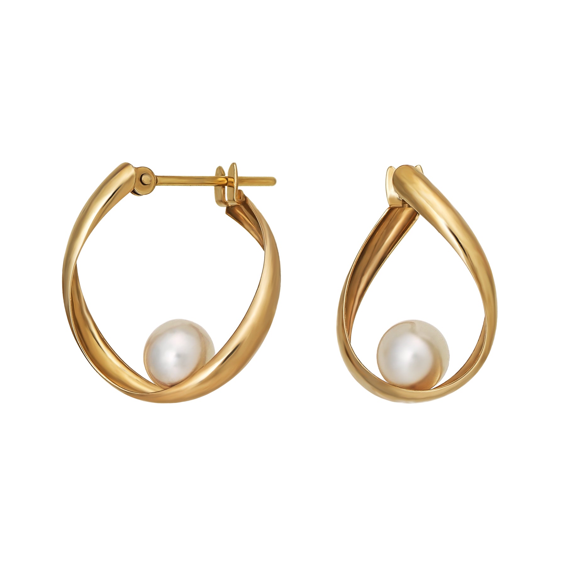 18K/10K Akoya Pearl Twisted Hoop Earrings (Small) (Yellow Gold) - Product Image