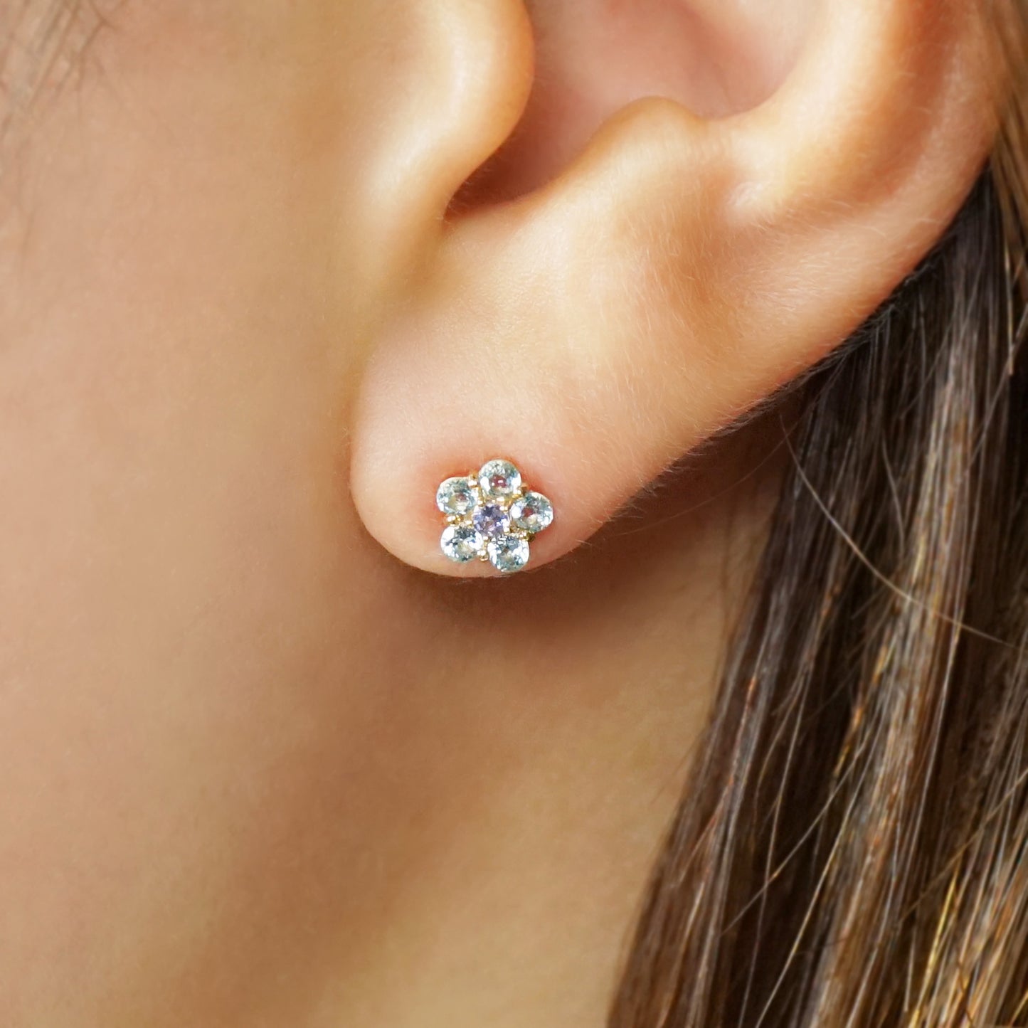 18K/10K Blue Topaz Earrings [Pansy] (Yellow Gold) - Model Image