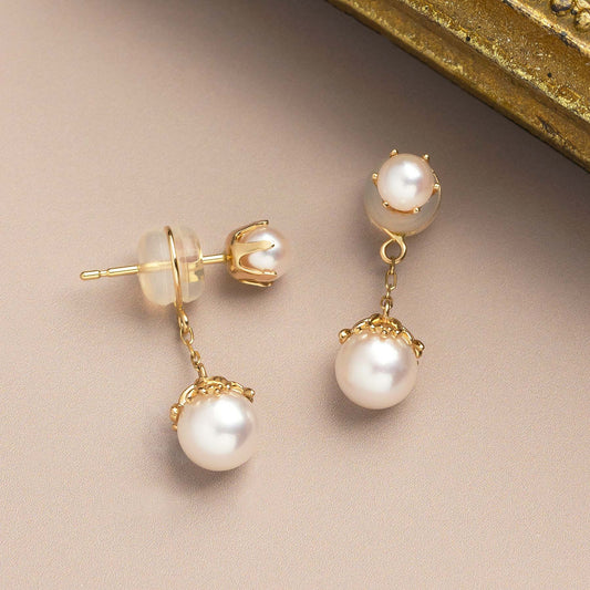 18K/10K Akoya Pearl 2Way Swinging Earrings [Mistletoe] (Yellow Gold) - Product Image