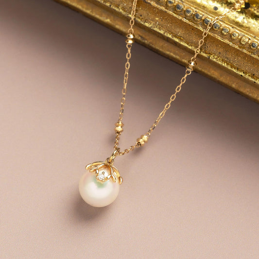10K Akoya Pearl Necklace & Charm Set [Mistletoe] (Yellow Gold) - Product Image