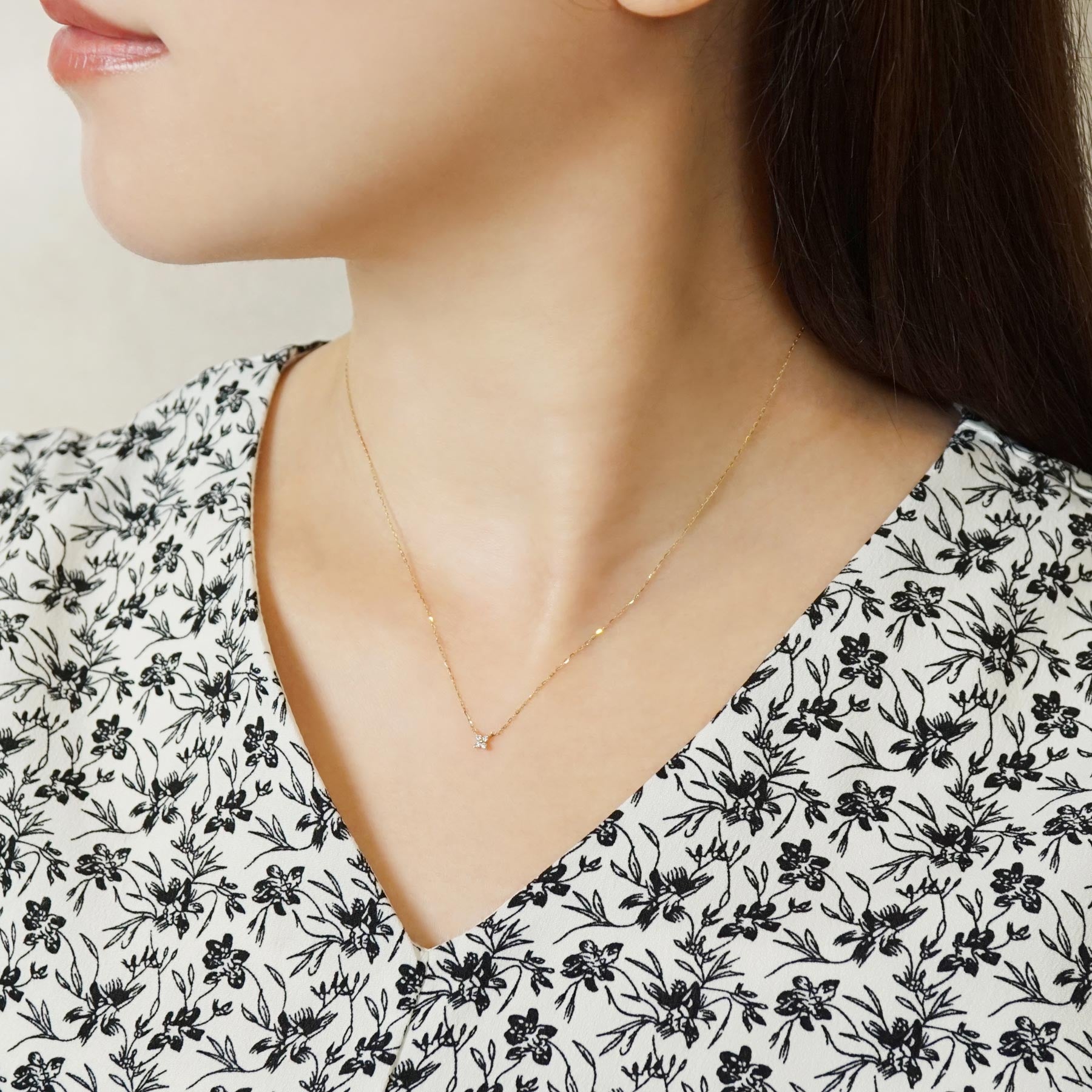 10K Diamond Mini Flower Necklace (Yellow Gold) - Model Image