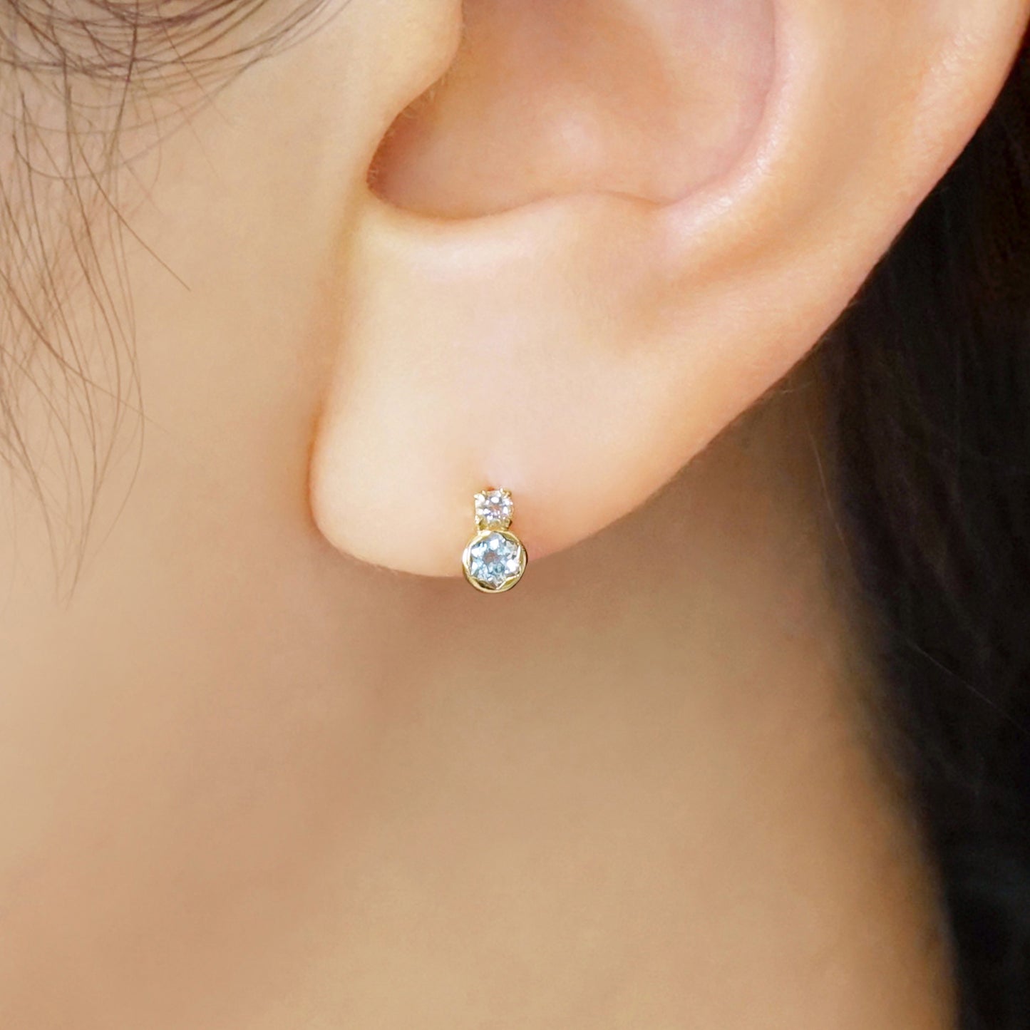 [WEB Exclusive] 10K Swiss Blue Topaz Stud Earrings (Yellow Gold) - Model Image