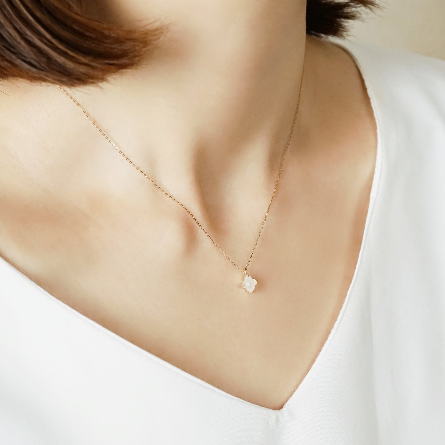 10K Moonstone Lily Necklace (Yellow Gold) - Model Image