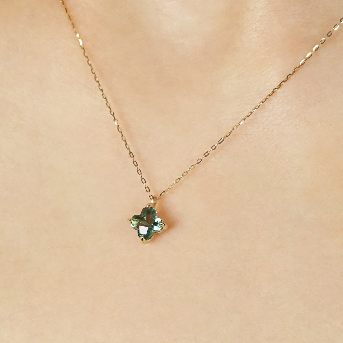 10K Green Quartz Lily Necklace (Yellow Gold) - Model Image