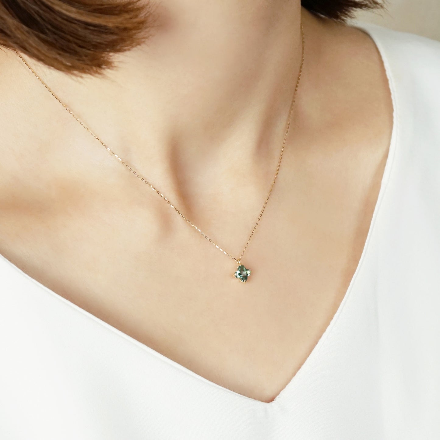 10K Green Quartz Lily Necklace (Yellow Gold) - Model Image