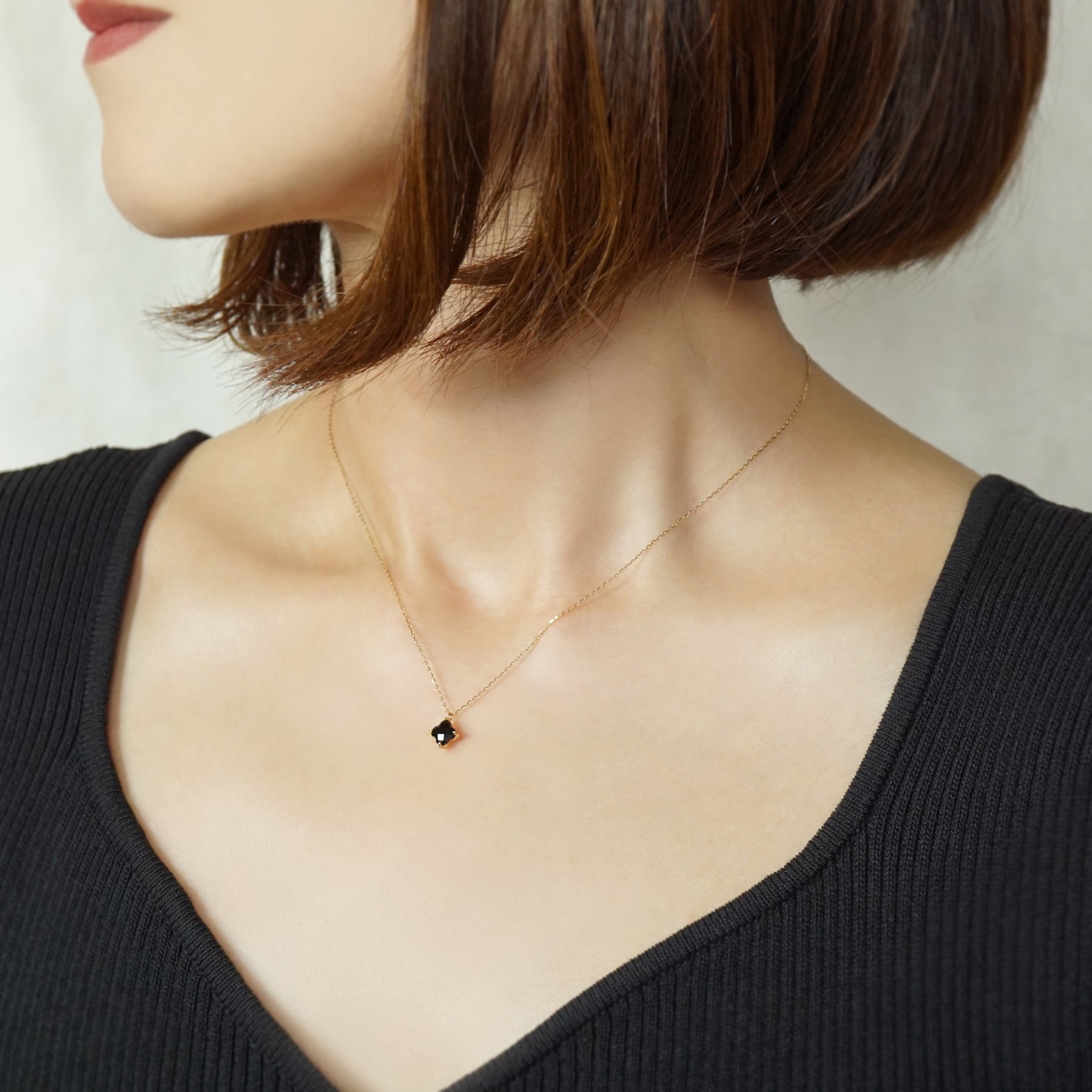 10K Onyx Lily Cut Necklace (Yellow Gold) - Model Image