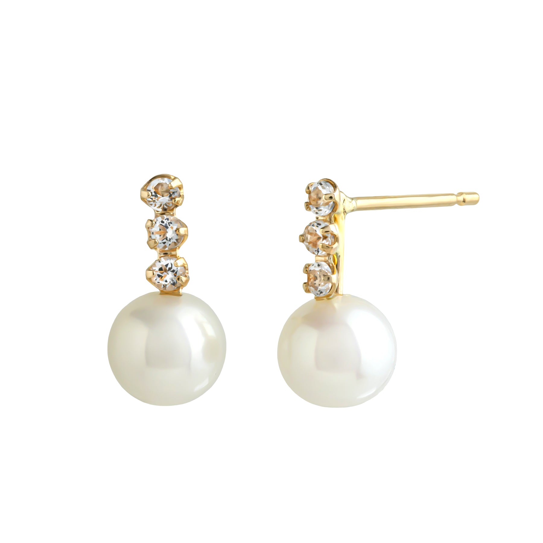 18K/10K Freshwater Pearl 3-Stone Line Earrings (Yellow Gold) - Product Image