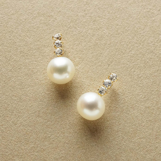18K/10K Freshwater Pearl 3-Stone Line Earrings (Yellow Gold) - Product Image
