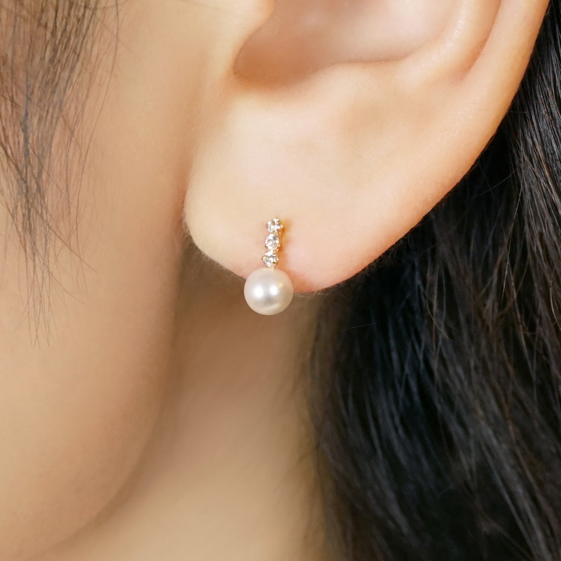 18K/10K Freshwater Pearl 3-Stone Line Earrings (Yellow Gold) - Model Image