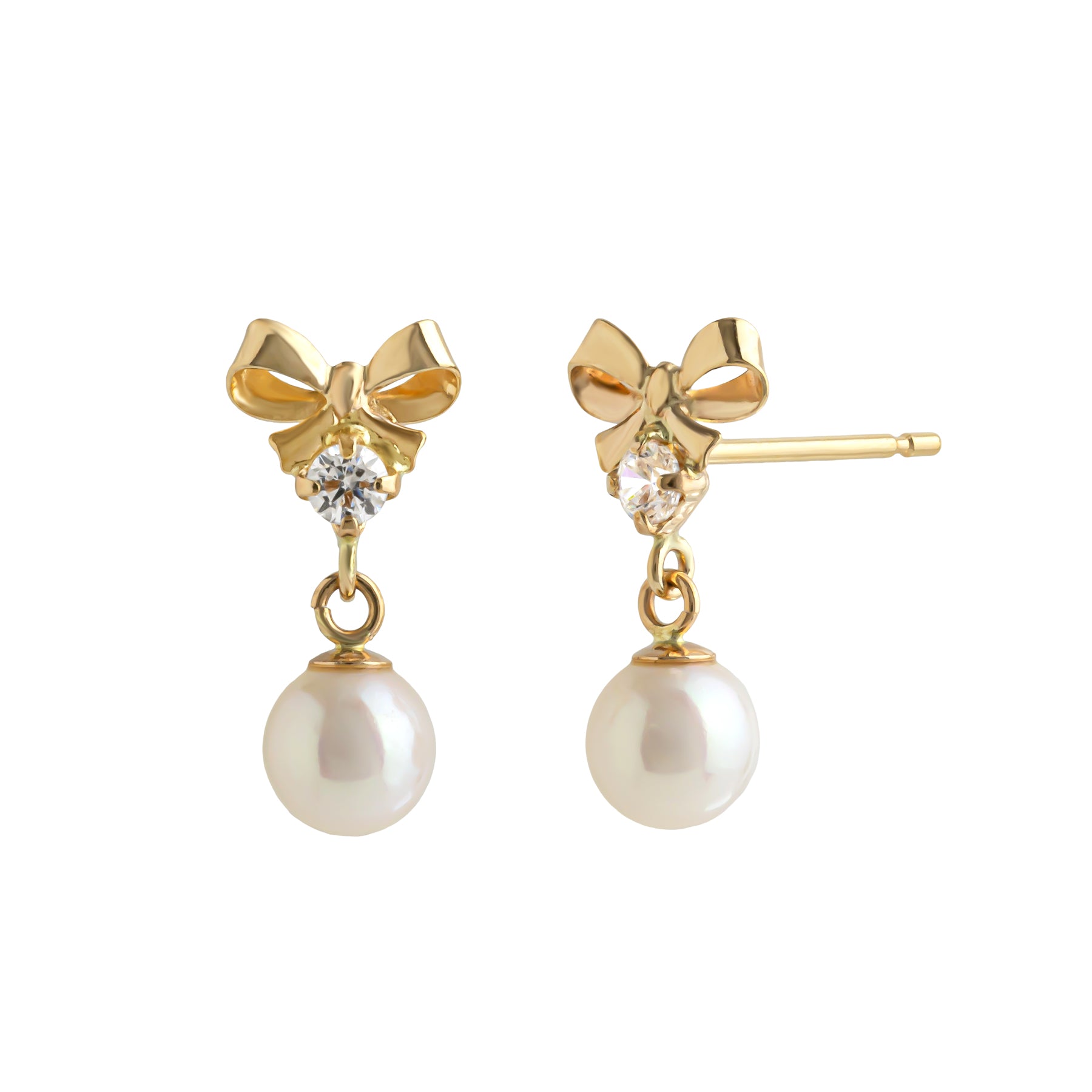 18K/10K Freshwater Pearl Ribbon Swinging Earrings (Yellow Gold) - Product Image