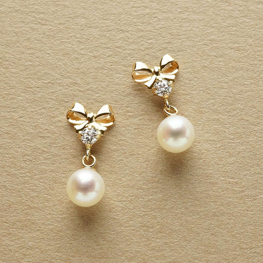 18K/10K Freshwater Pearl Ribbon Swinging Earrings (Yellow Gold) - Product Image
