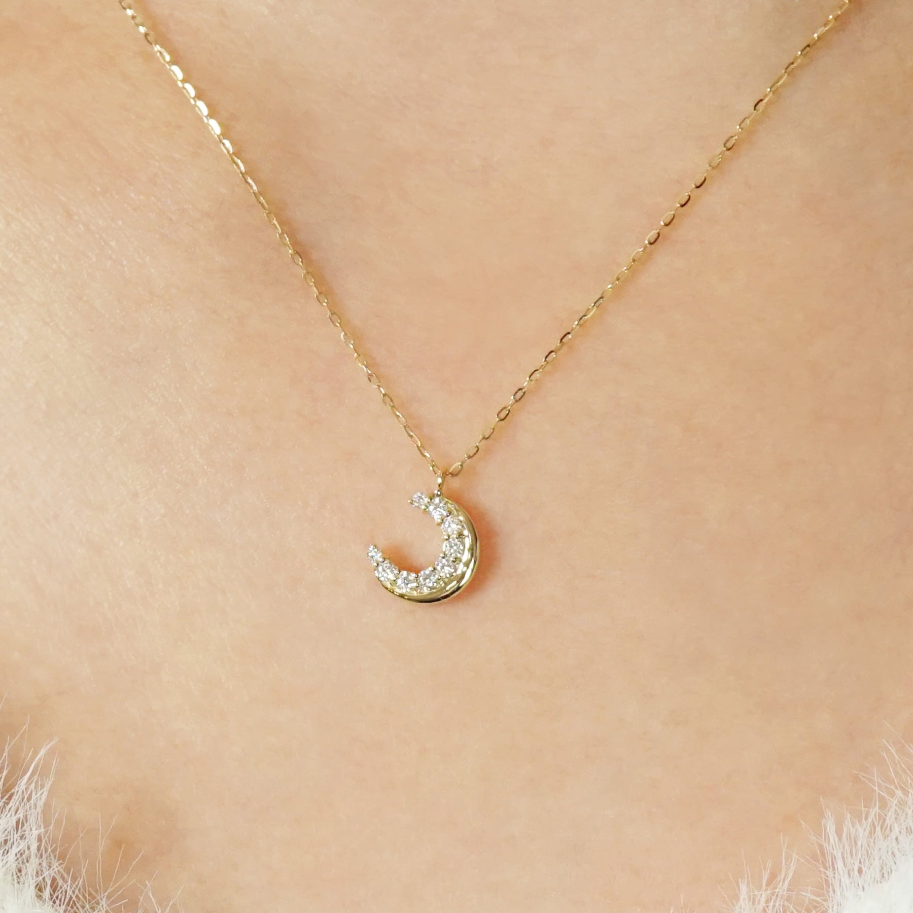 10K Moissanite Moon Necklace (Yellow Gold) - Model Image