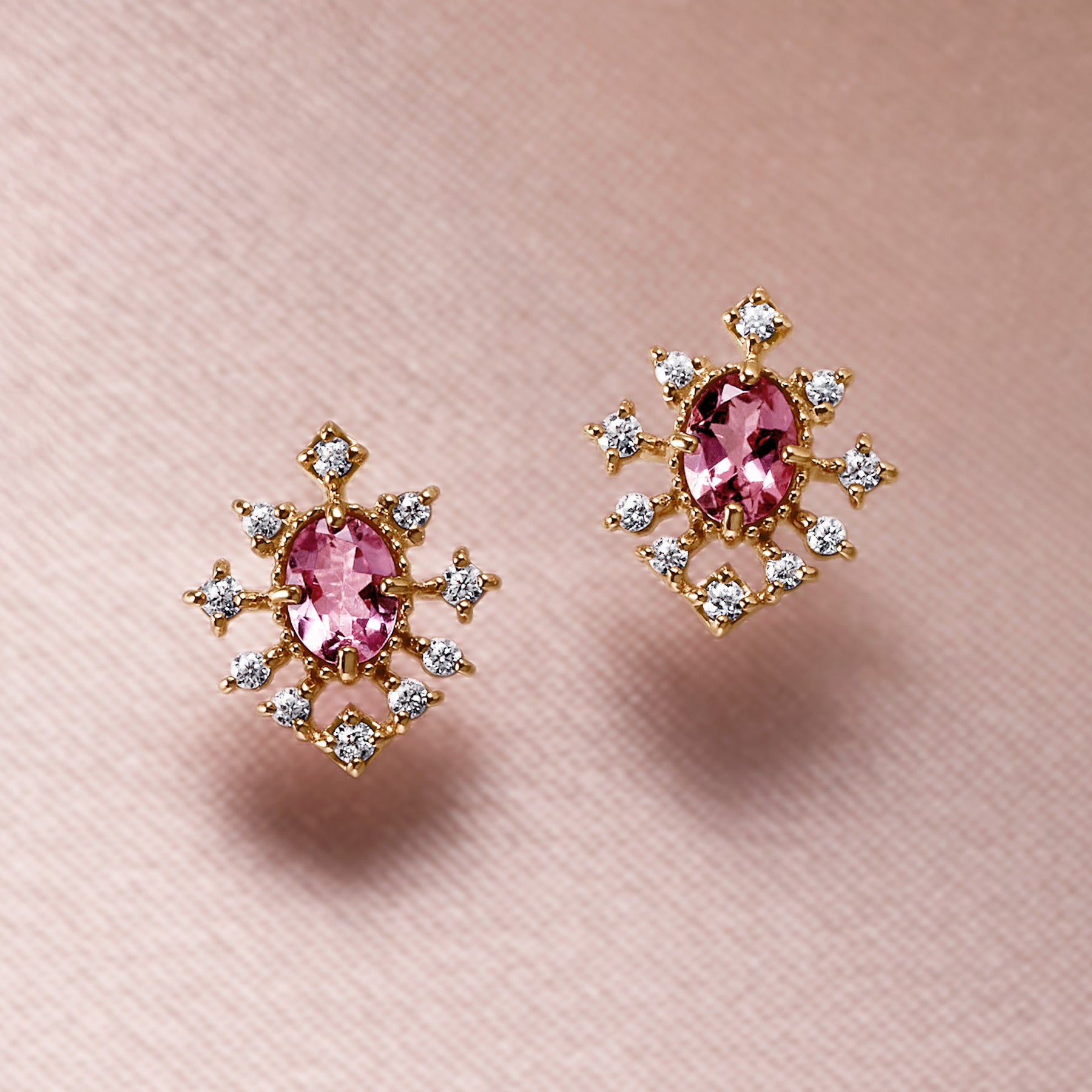 18K/10K Moissanite Pink Tourmaline Earrings [Birth of a Star] (Yellow Gold) - Product Image