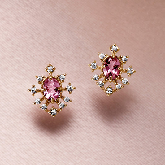 18K/10K Moissanite Pink Tourmaline Earrings [Birth of a Star] (Yellow Gold) - Product Image