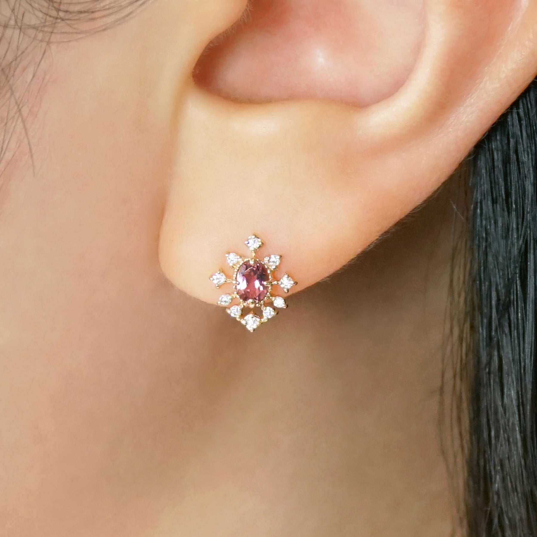 18K/10K Moissanite Pink Tourmaline Earrings [Birth of a Star] (Yellow Gold) - Model Image
