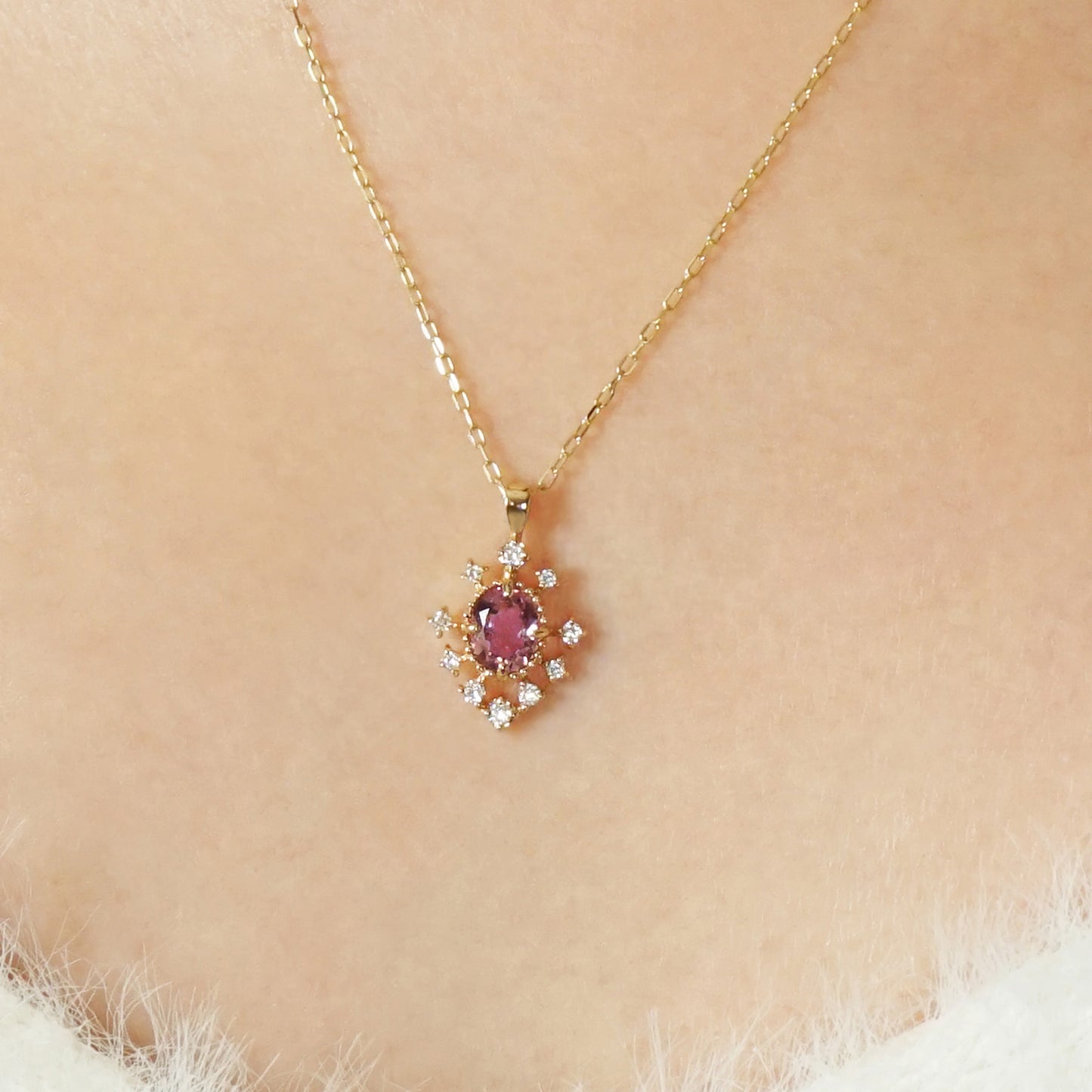 10K Moissanite Pink Tourmaline Necklace [Birth of a Star] (Yellow Gold) - Model Image