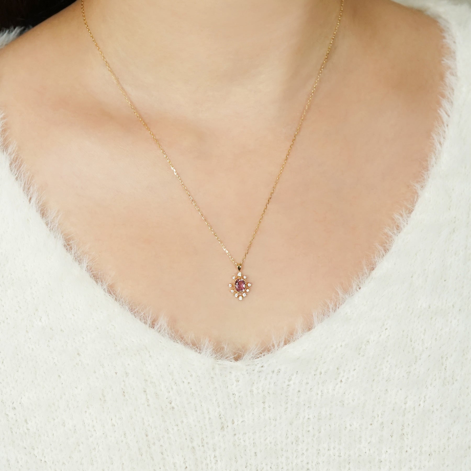 10K Moissanite Pink Tourmaline Necklace [Birth of a Star] (Yellow Gold) - Model Image