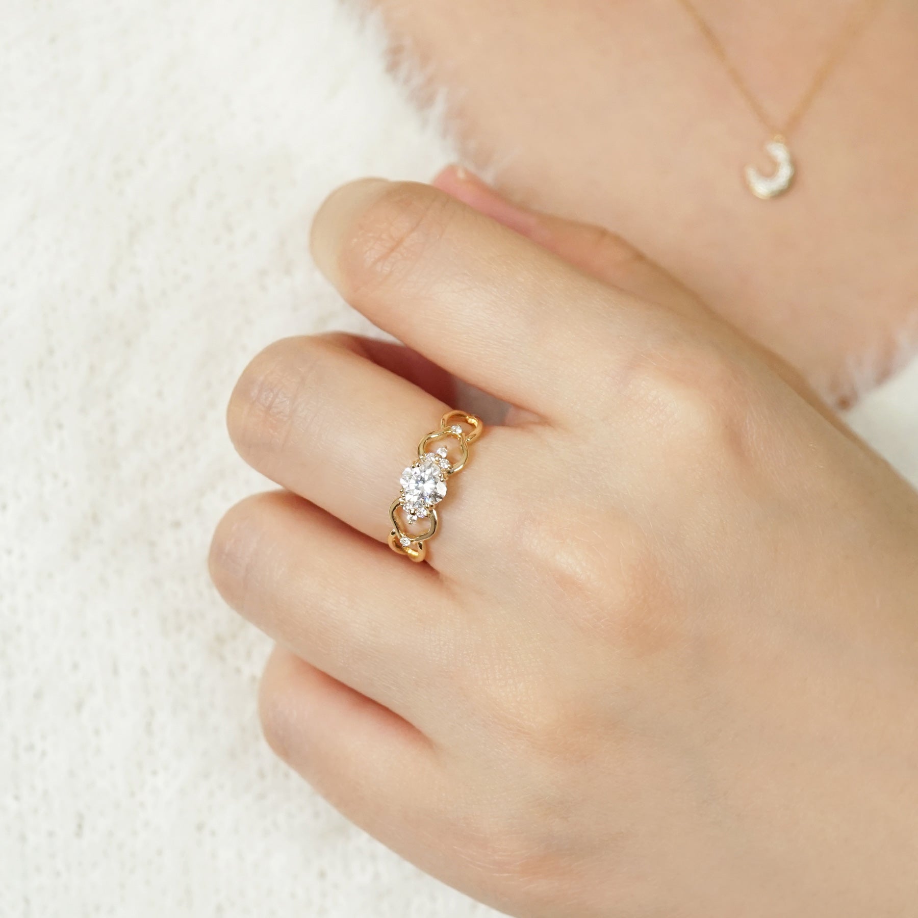10K Moissanite Cushion Cut Ring (Yellow Gold) - Model Image