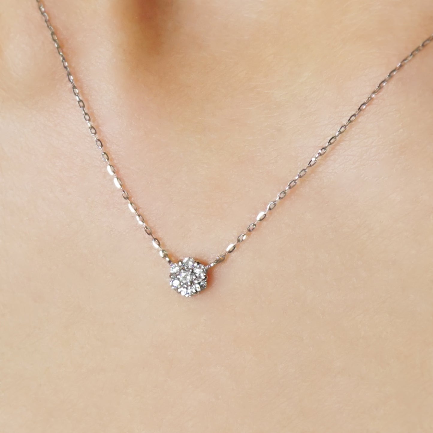 Platinum Diamond Flower Pave Necklace M - Model Image