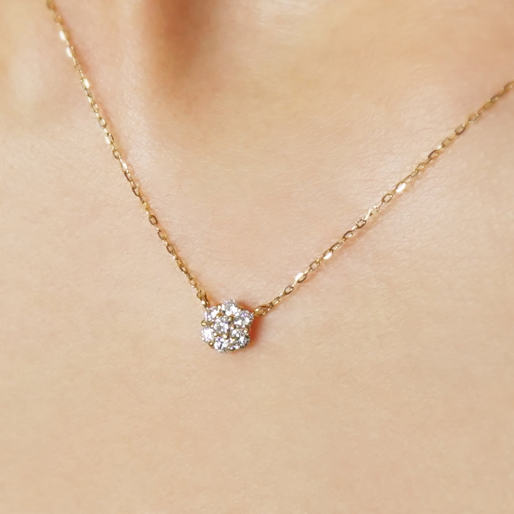 18K Diamond Flower Pave Necklace L (Yellow Gold) - Model Image