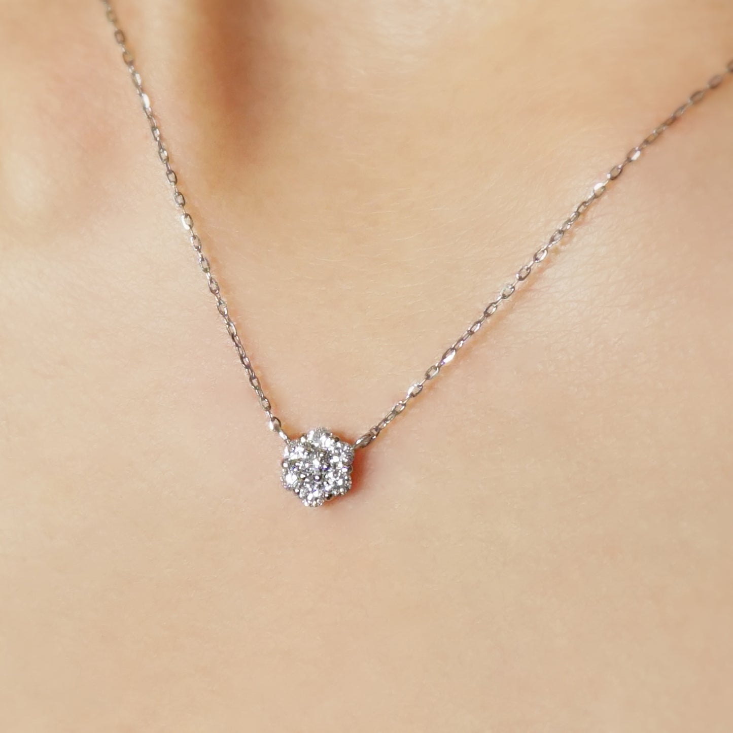 Platinum Diamond Flower Pave Necklace L - Model Image