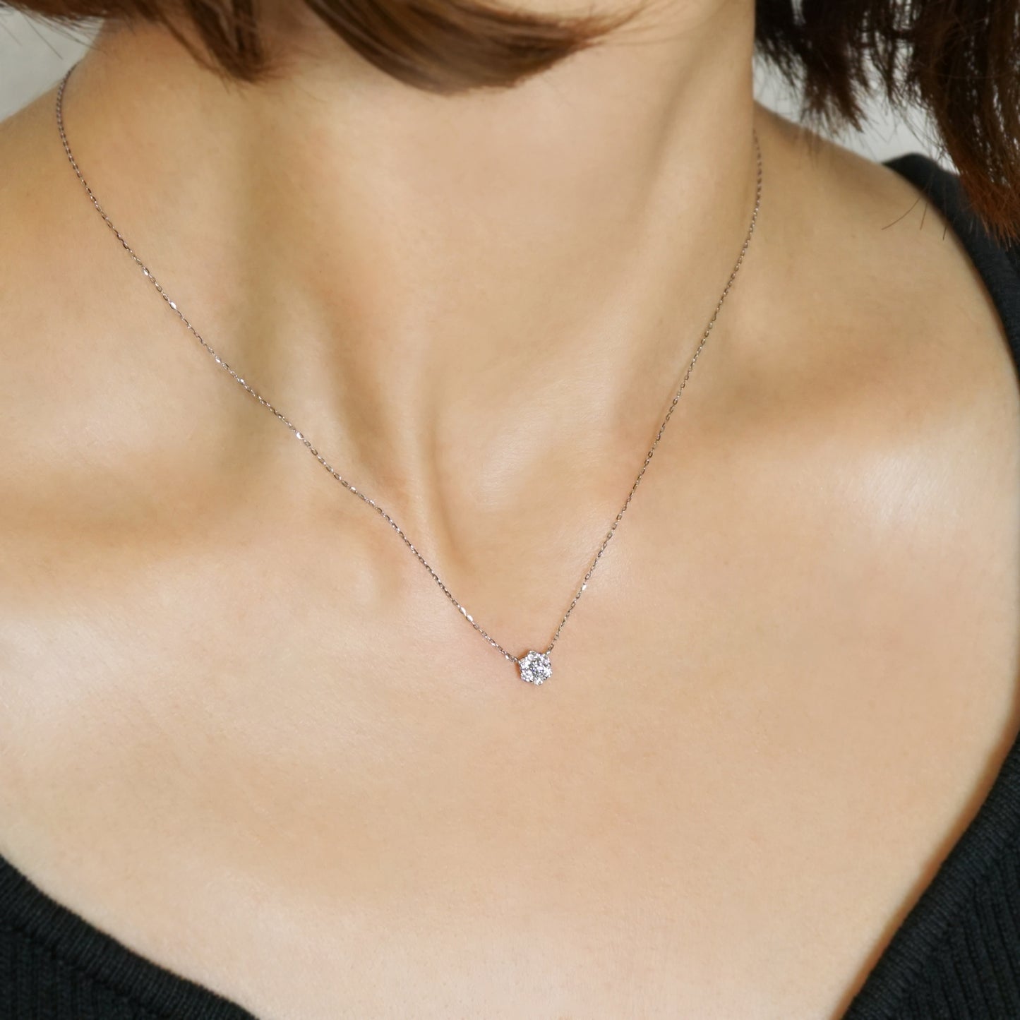 Platinum Diamond Flower Pave Necklace L - Model Image