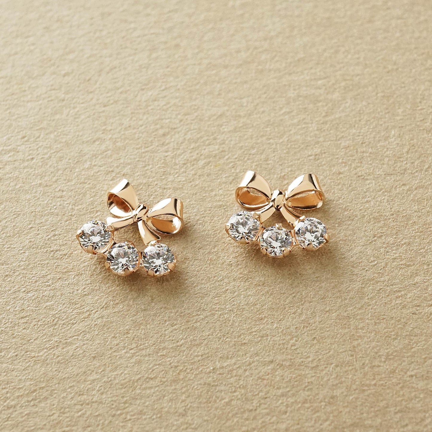 10K Ribbon 3-Stone Stud Earrings (Rose Gold) - Product Image