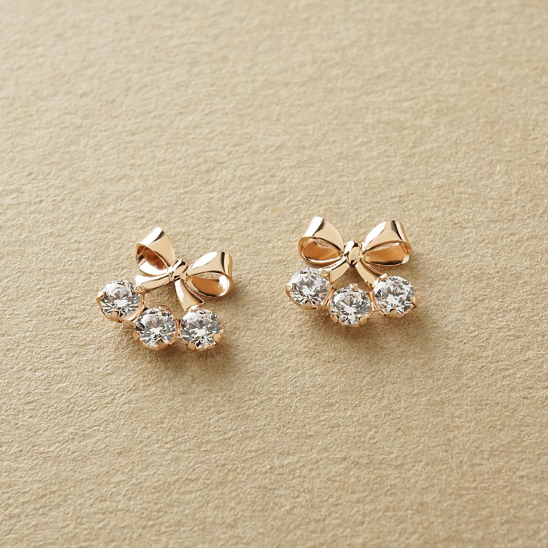 10K Ribbon 3-Stone Stud Earrings (Rose Gold) - Product Image