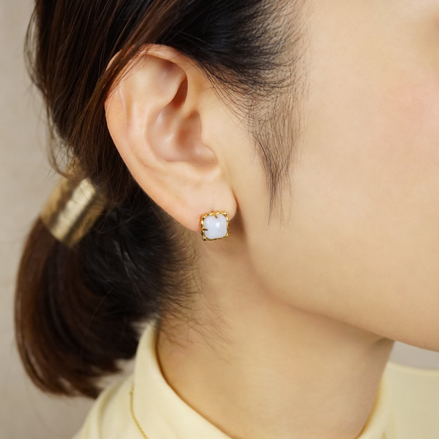 925 Sterling Silver / 10K Fluffy Cloud Blue Lace Agate Earrings - Model Image