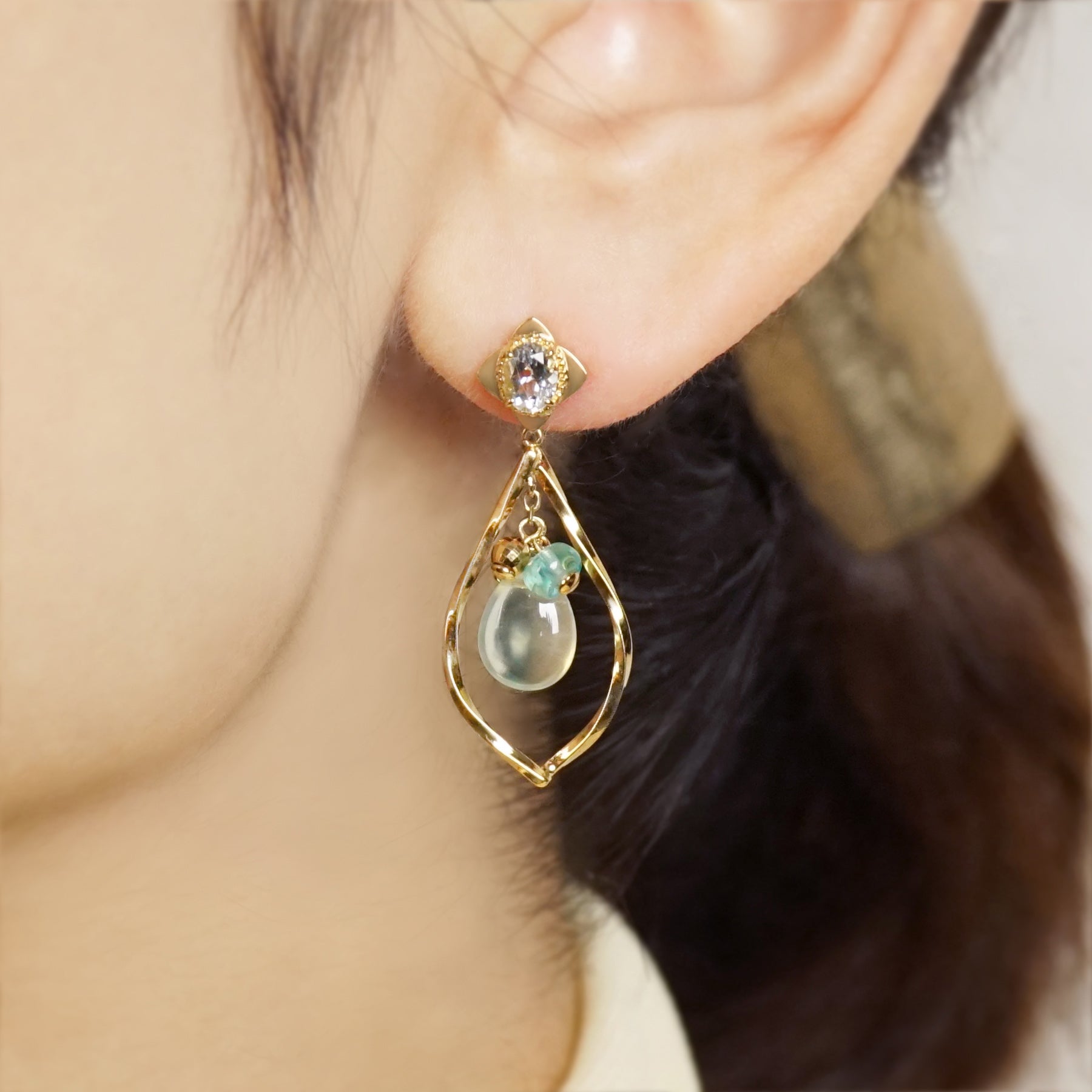 925 Sterling Silver / 10K Prehnite Earrings - Model Image