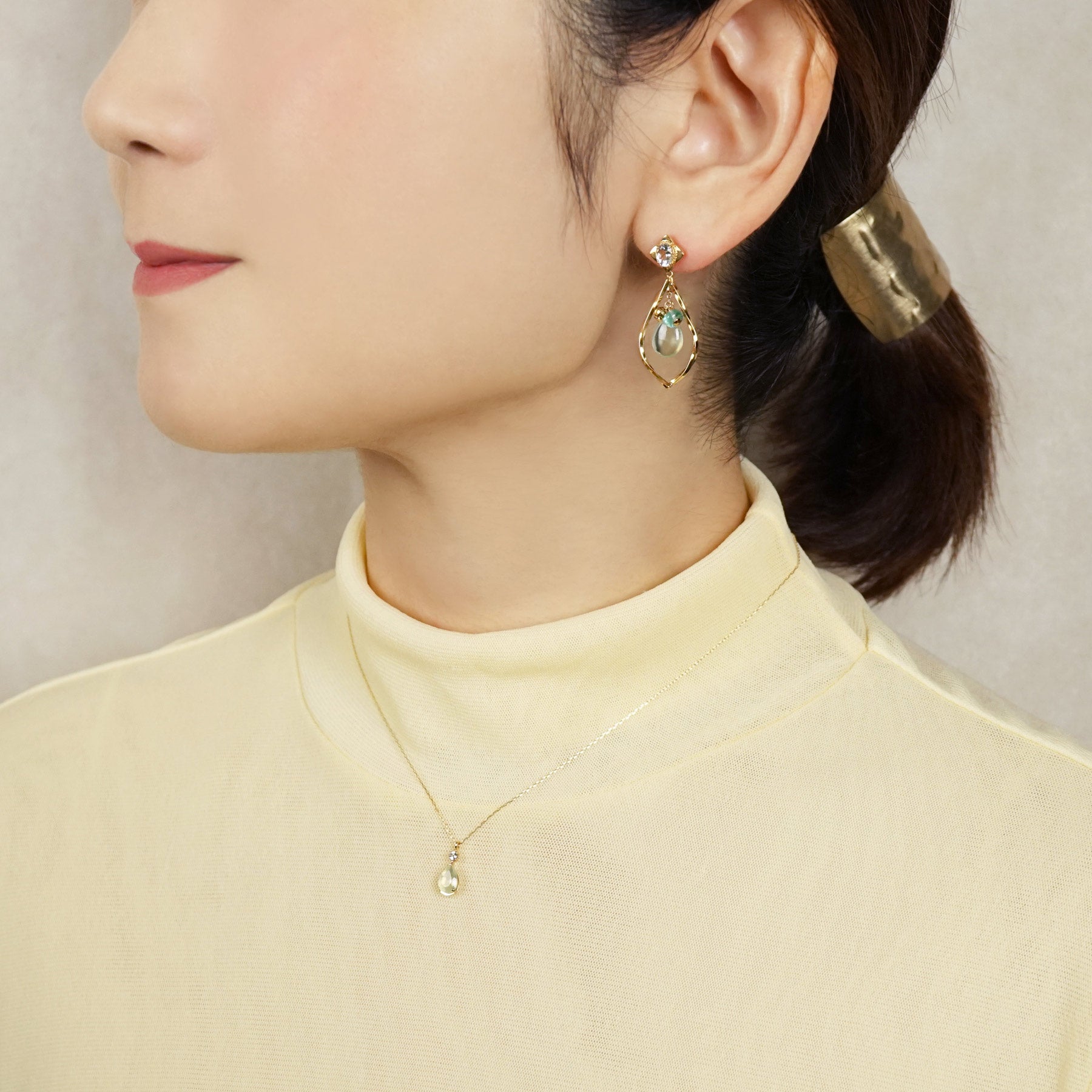 925 Sterling Silver / 10K Prehnite Earrings - Model Image