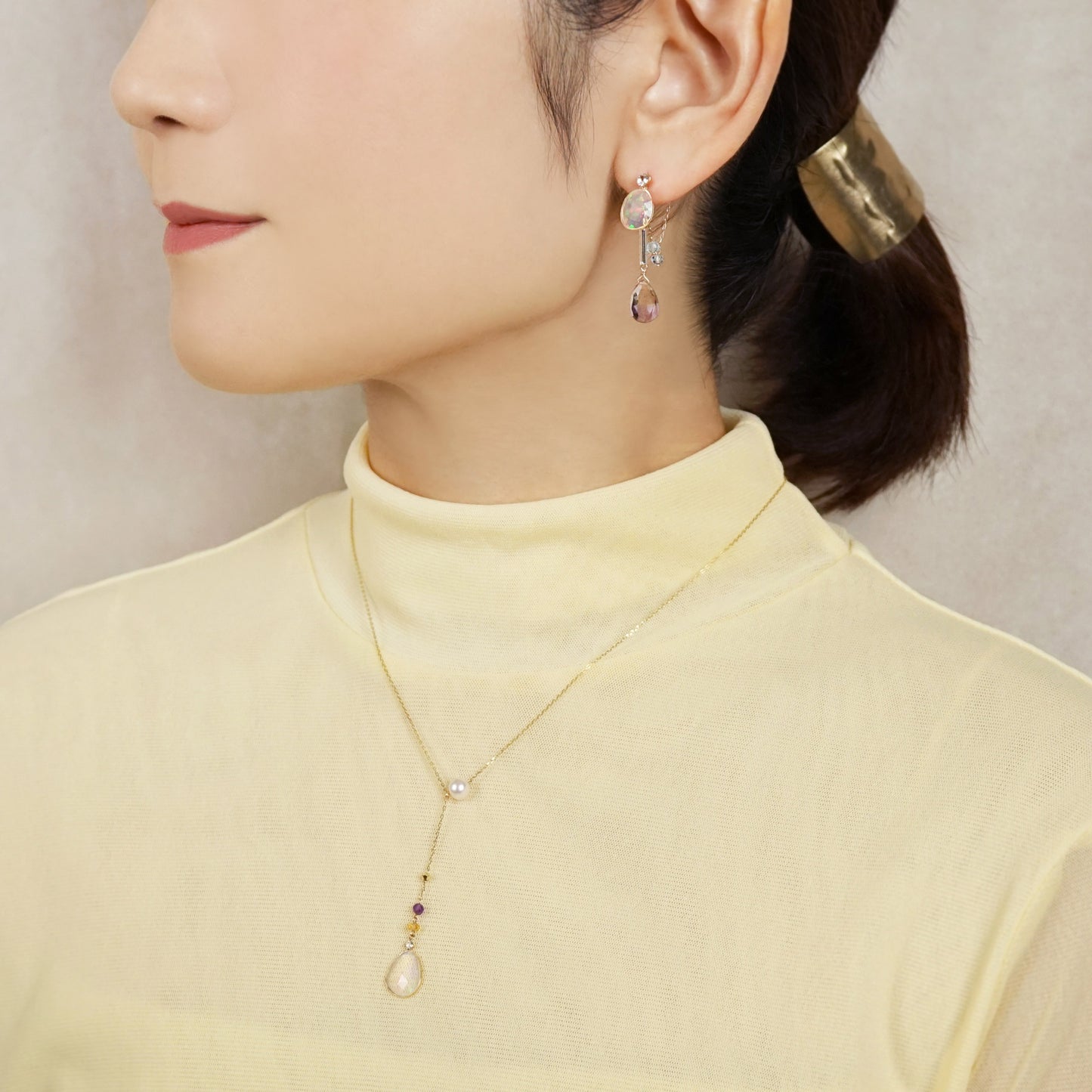 10K Opal & Ametrine 3Way Earrings (Yellow Gold) - Model Image