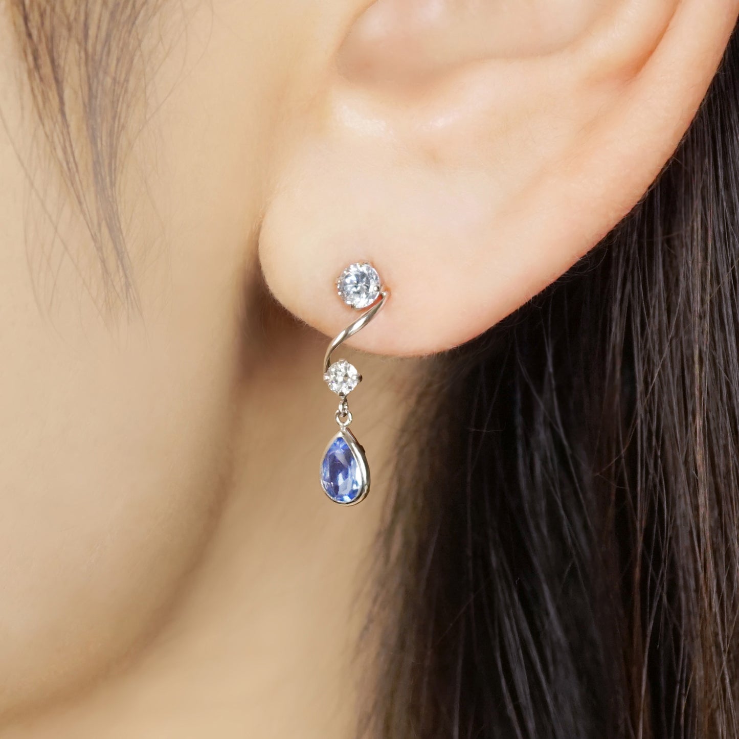 10K Blue Twisted Swinging Earrings (White Gold) - Model Image