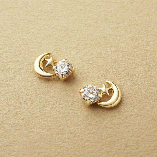 10K Moon & Star Stud Earrings (Yellow Gold) - Product Image