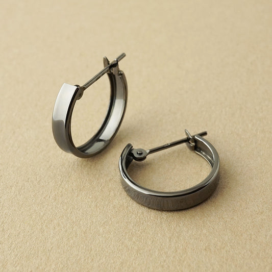 10K / 925 Sterling Silver Flat Wire Black Basic Hoop Earrings - Product Image