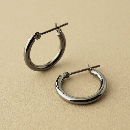 10K / 925 Sterling Silver Circle Wire Black Basic Hoop Earrings - Product Image